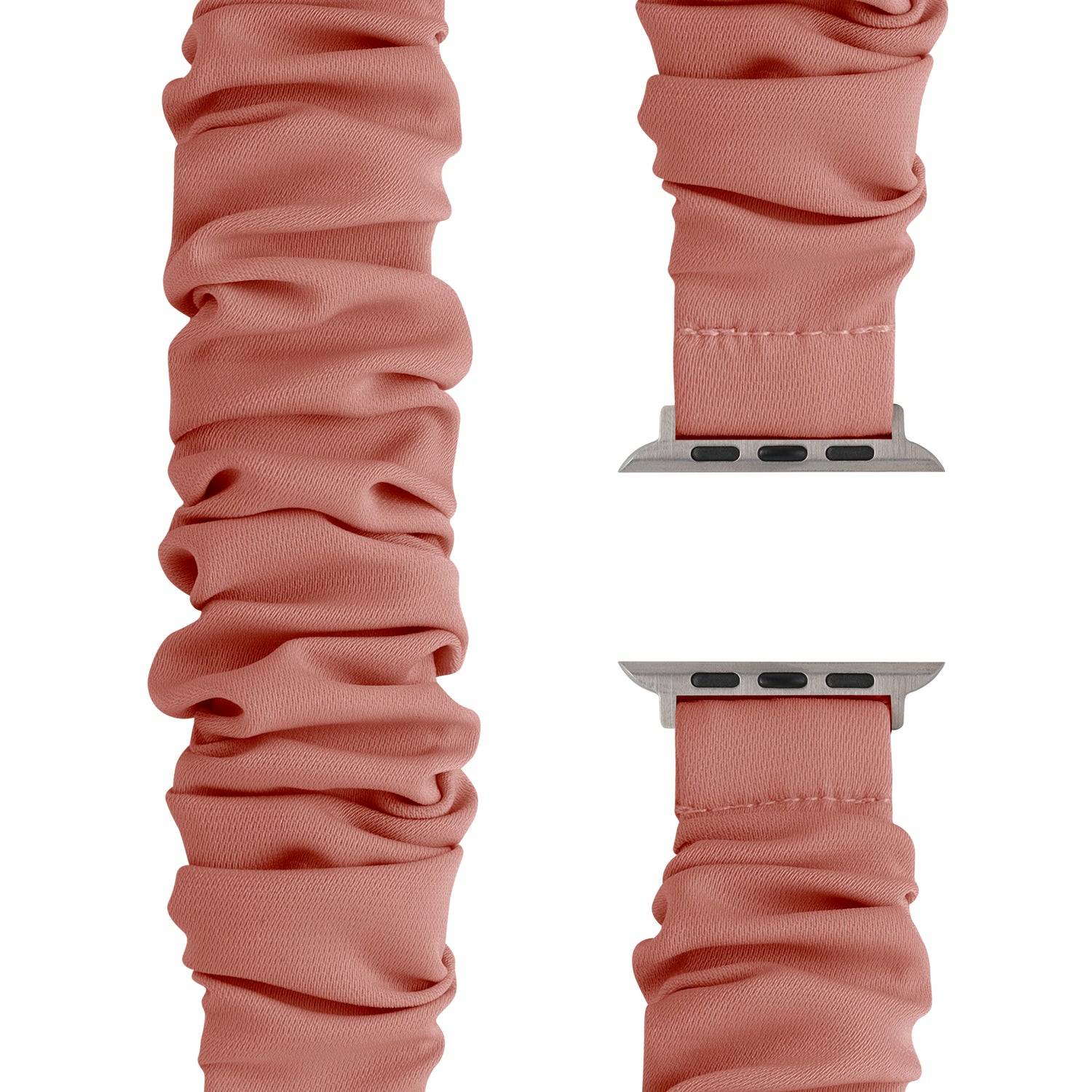 Das arktisband Apple Watch Armband "Elanora" von arktisband zeigt sich mit zerknittertem rosa Stoff und silbernen Anschlüssen aus verschiedenen Blickwinkeln auf weißem Hintergrund - ein echtes Fashion-Statement im elastischen Arktisband-Stil.
