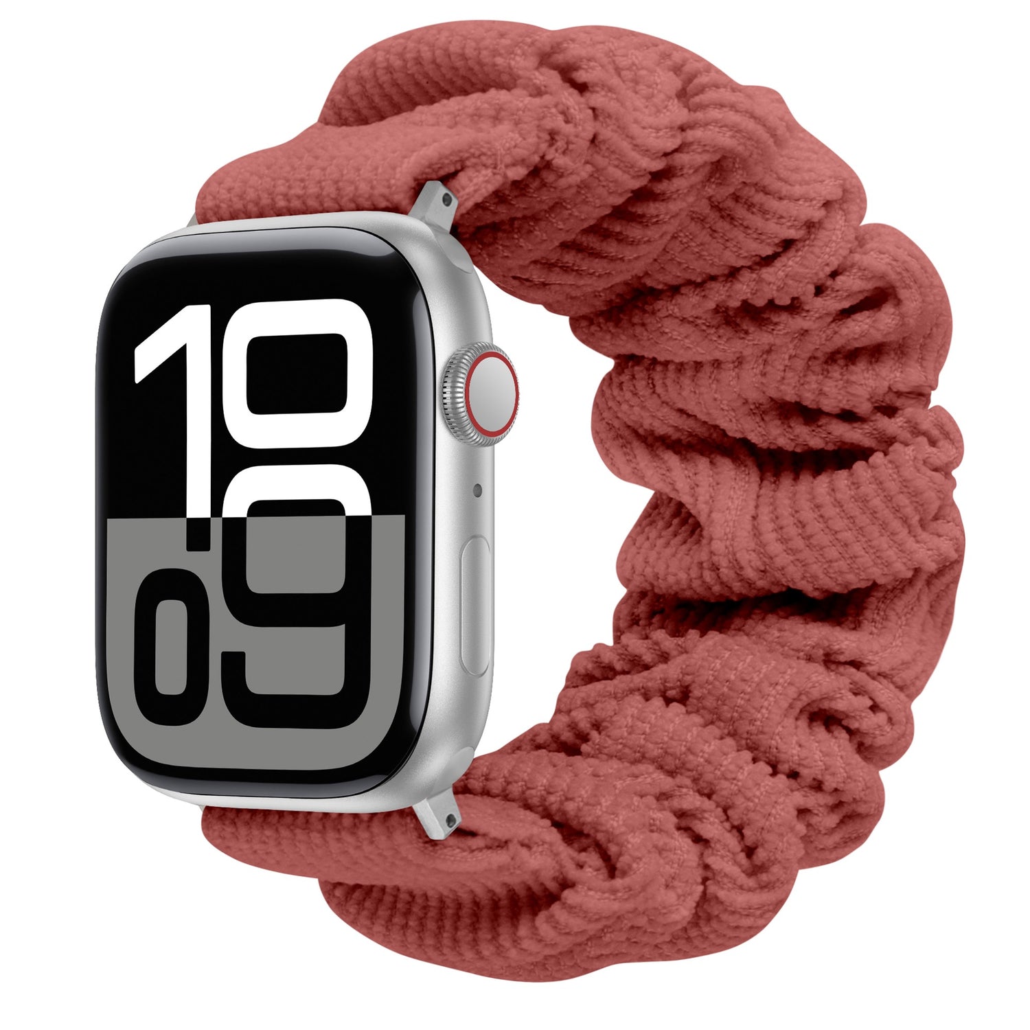Das arktisband Apple Watch Cord Scrunchie Armband "Elanora" verfügt über ein großes digitales Display und ein strukturiertes, rosafarbenes Gummiband, das Ihrer Apple Watch einen stilvollen und modernen Look verleiht.