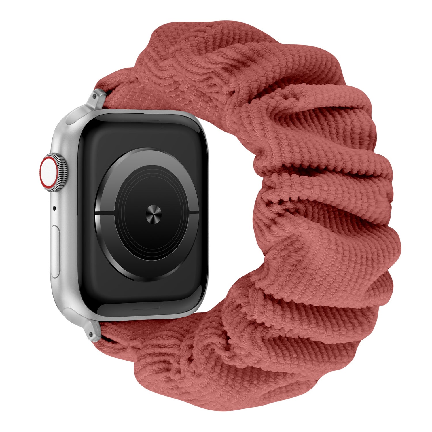 Das arktisband Apple Watch Cord Scrunchie Armband "Elanora" von arktisband, in rosa, ist auf einem weißen Hintergrund abgebildet. Dieses stilvolle und bequeme Band verleiht Ihrem alltäglichen Apple Watch-Look Flair.