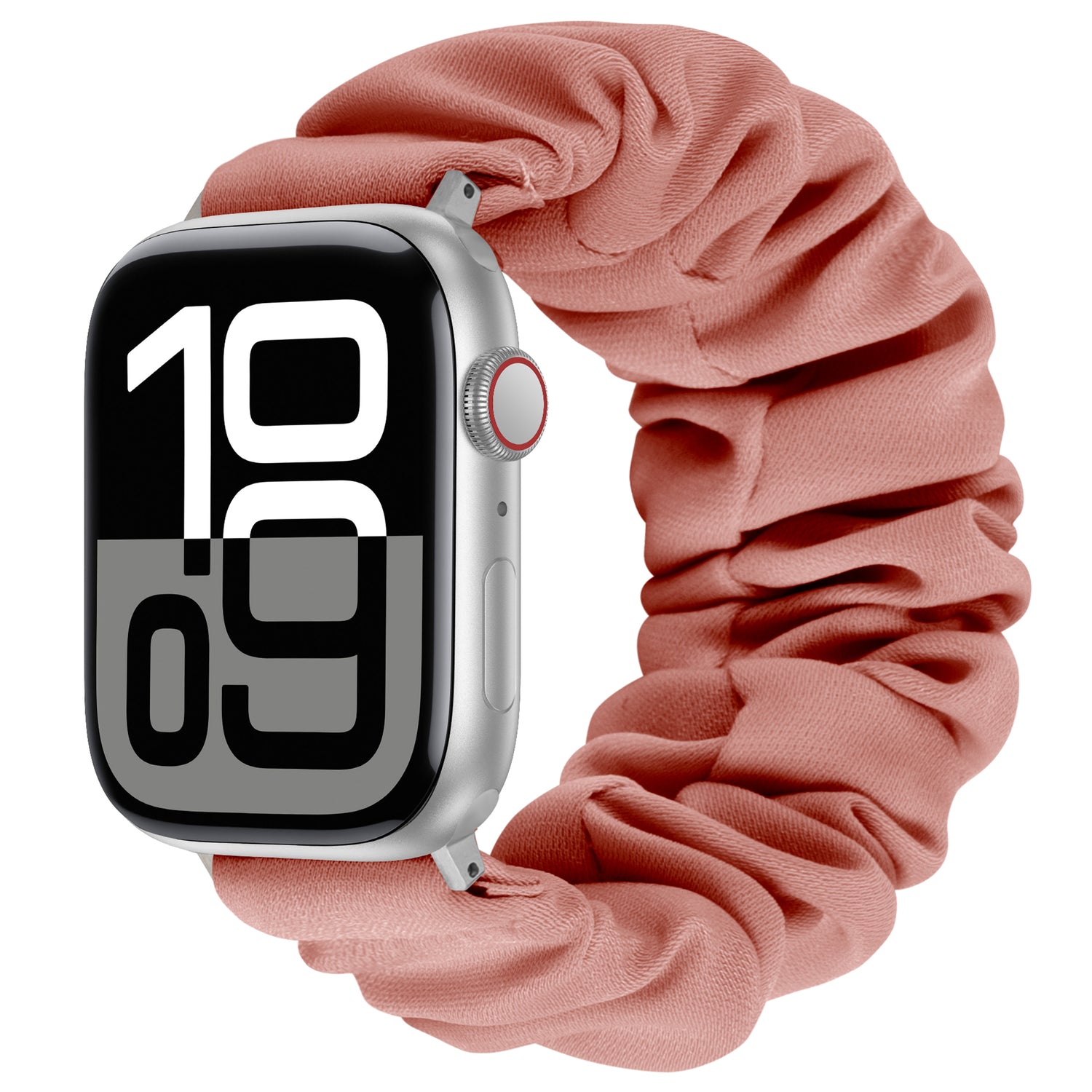 Das arktisband Apple Watch Armband "Elanora" hat ein pinkfarbenes Stoffband im Scrunchie-Stil und eine große digitale Zeitanzeige - ein stilvolles, funktionelles Accessoire für Ihre Apple Watch.