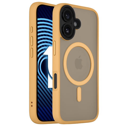 Das Arktis iPhone 16 Plus Solid Case von Arktis in Gelb und Grau mit MagSafe-Ring verfügt über stoßdämpfendes TPU-Silikon für zusätzlichen Schutz und einen minimalistischen, matten Look, der auf einem iPhone mit blau gemustertem Bildschirm angezeigt wird.
