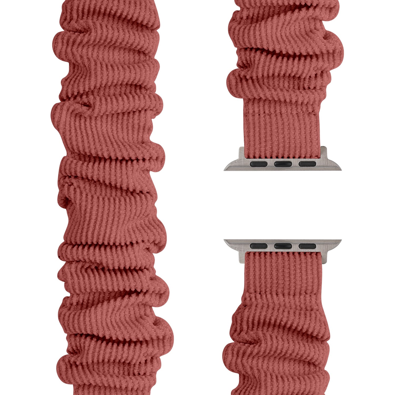 Das arktisband Apple Watch Cord Scrunchie Armband "Elanora" zeigt ein zerknittertes, geripptes rosa-rotes Band mit silberner Hardware, das aus verschiedenen Blickwinkeln auf weißem Hintergrund dargestellt wird.