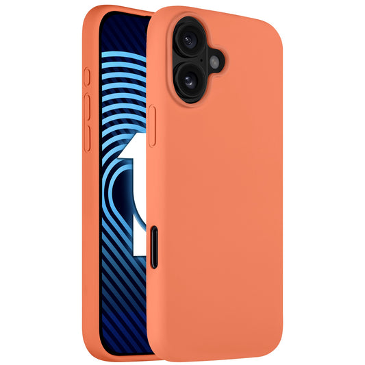 Das arktis iPhone 16 Plus Silikon Case von Arktis in Korallenfarbe bietet ein schlankes Design, passt perfekt aufs iPhone 16 Plus und unterstützt kabelloses Laden – ideal vor einem blau-weißen abstrakten Hintergrund.