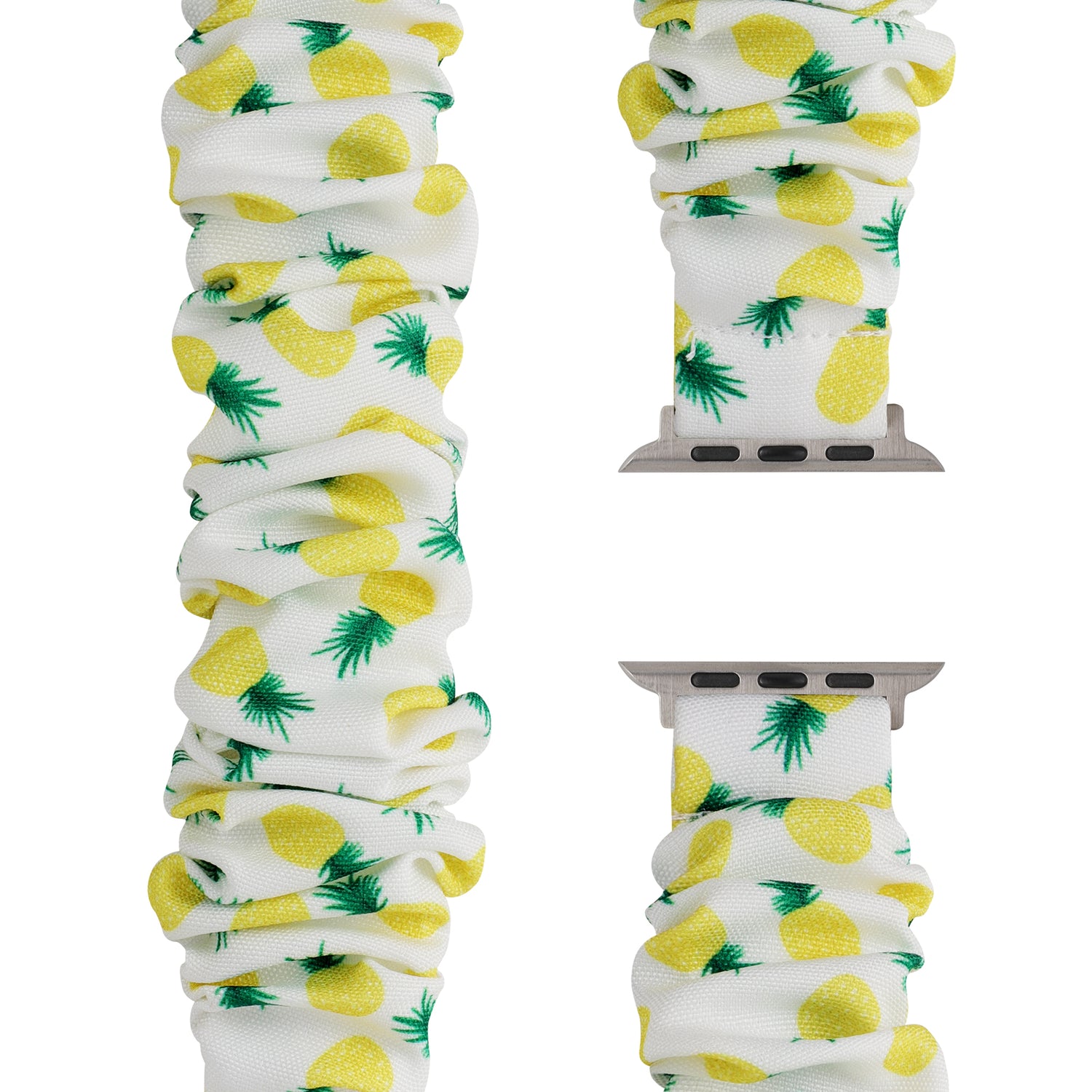 Das arktisband Apple Watch Armband "Elanora" ist ein weißes Armband im Scrunchie-Stil mit einem gelben Ananas- und grünen Blattdruck, der aus verschiedenen Blickwinkeln gezeigt wird. Dieses stilvolle Accessoire von arktisband bringt eine lustige, tropische Stimmung an Ihr Handgelenk.