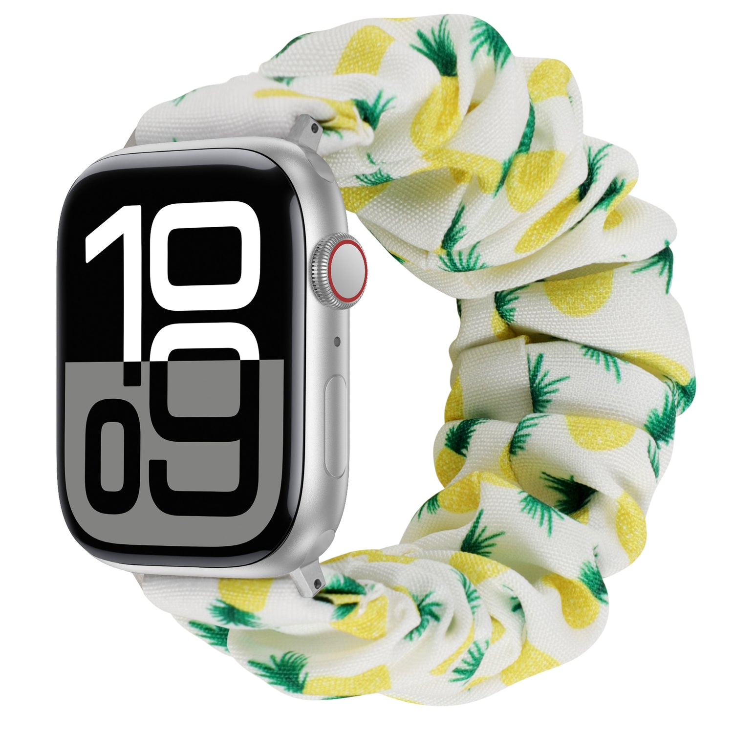 Das arktisband Apple Watch Armband "Elanora" hat ein weißes Band im Scrunchie-Stil mit einem gelben Ananas-Print - ideal, um Ihrer Apple Watch einen verspielten, stilvollen Look zu verleihen.