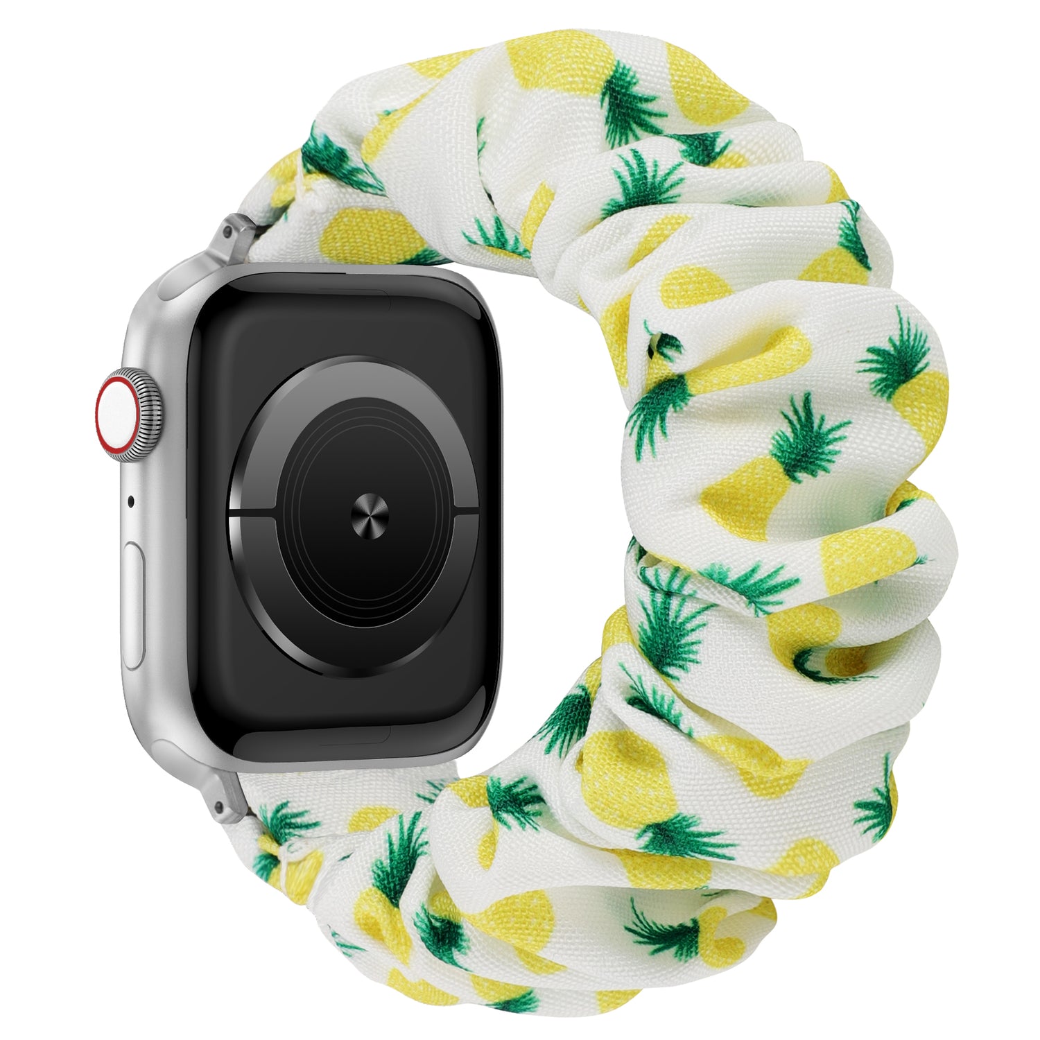 Das arktisband Apple Watch Armband "Elanora" hat ein stylisches Scrunchie-Design mit einem gelben Ananas-Print auf weißem Stoff und ist Teil der trendigen arktisband Kollektion.