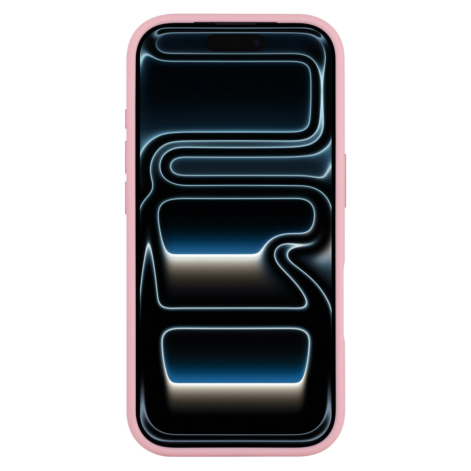 Ein Arktis iPhone 17 Pro Max Solid Case in mattem Pink schützt das Telefon, das ein futuristisches schwarz-blaues abstraktes Wallpaper auf dem Bildschirm zeigt.