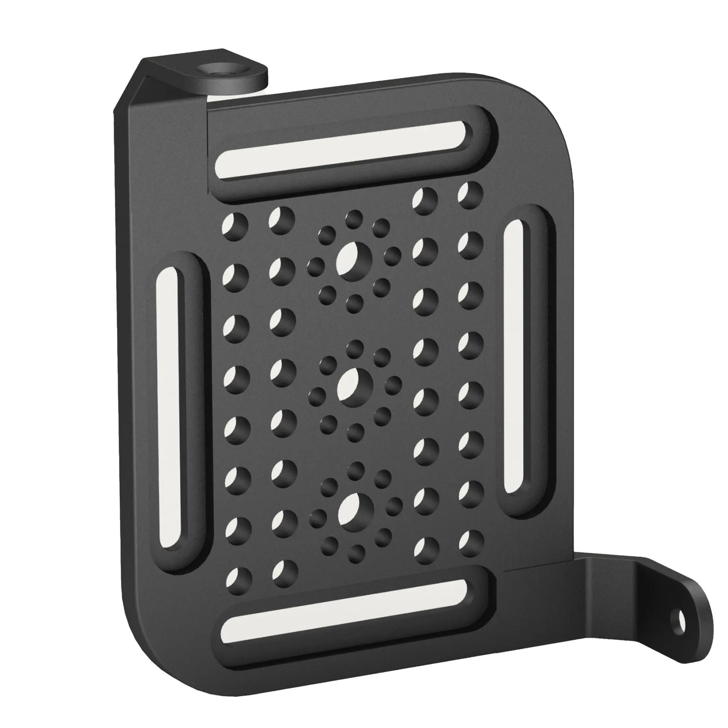 MOMENT Moment Cheese Plate Mount für Supercage-schwarze Metallhalterung mit mehreren runden Löchern und horizontalen Schlitzen, abgebildet auf weißem Hintergrund. Perfekt für ARRI Anti-Twist Setups oder als SuperCage Zubehör.