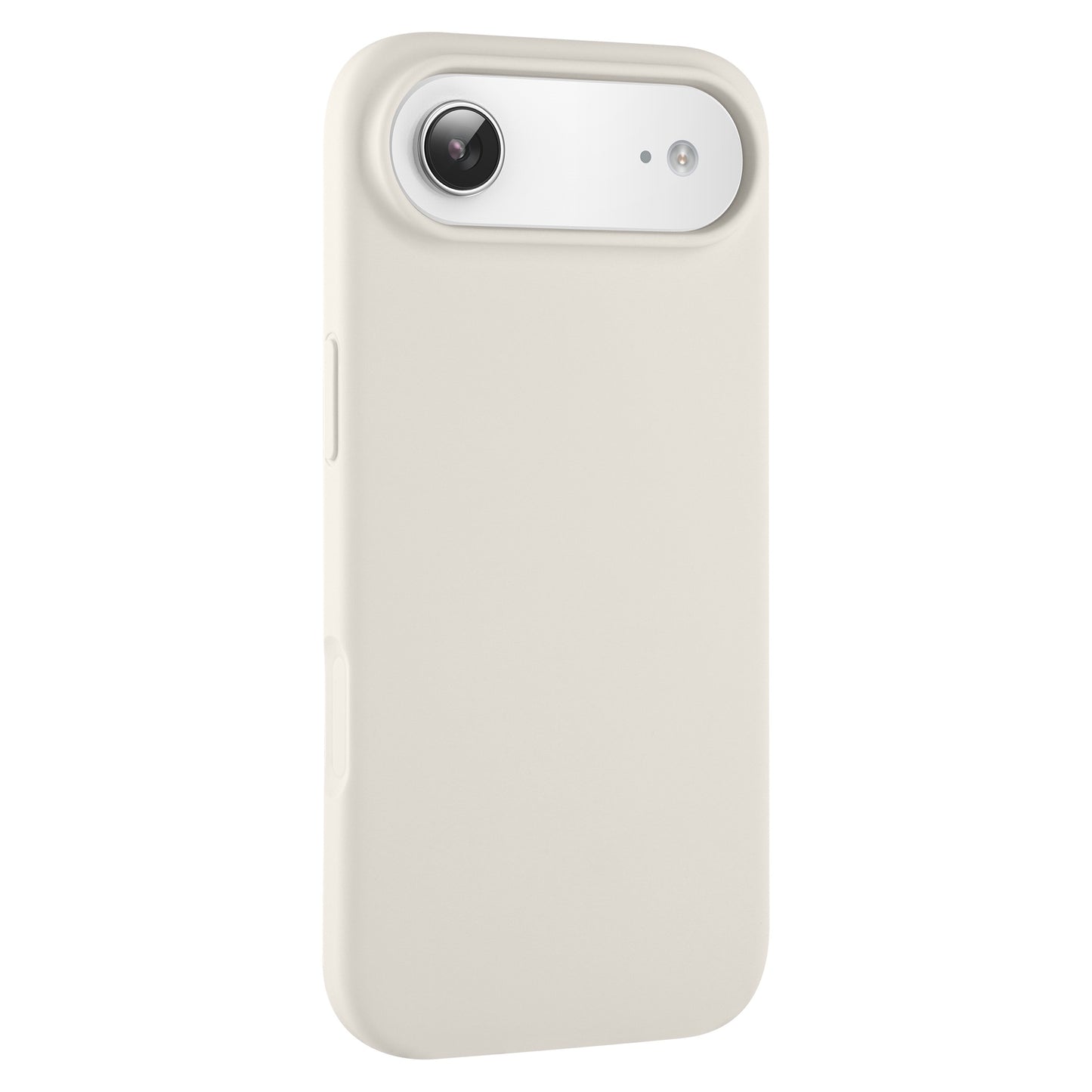 Das arktis iPhone Air Silikon Case in Beige mit Kameraausschnitt, kompatibel mit kabellosem Laden, wird schräg auf weißem Hintergrund präsentiert.