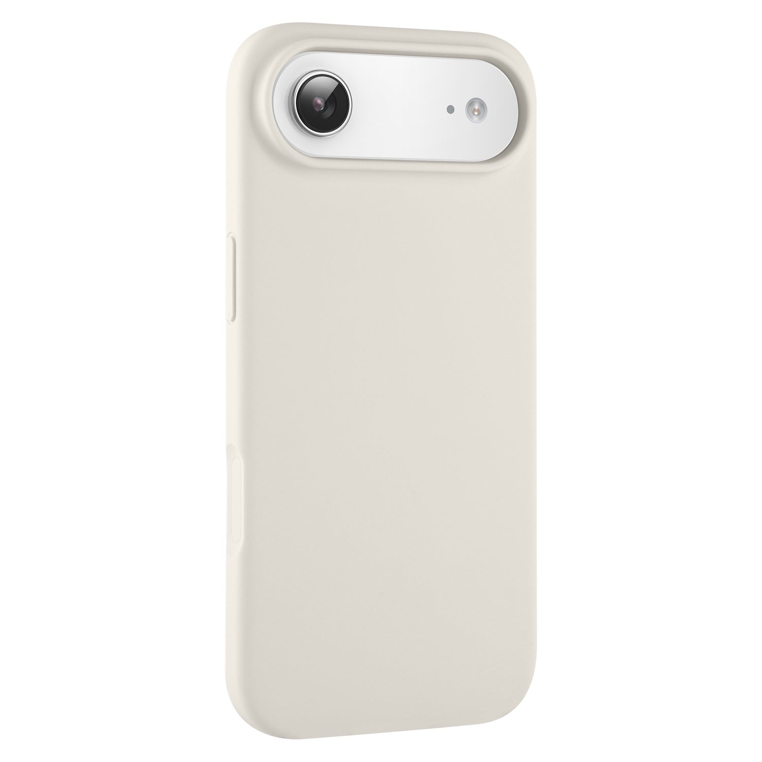 Das arktis iPhone Air Silikon Case in Beige mit Kameraausschnitt, kompatibel mit kabellosem Laden, wird schräg auf weißem Hintergrund präsentiert.