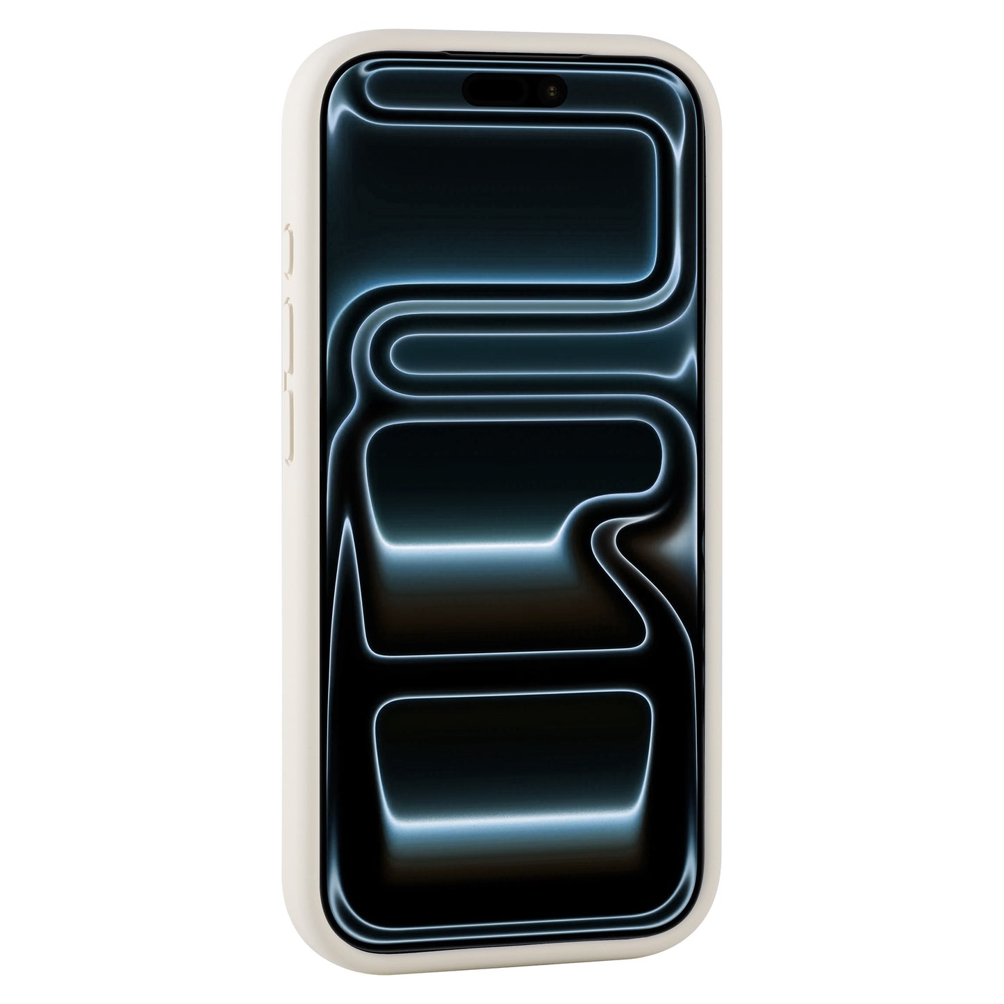 Ein Smartphone mit der arktis iPhone 17 Pro Silikonhülle in Beige zeigt ein leuchtendes abstraktes blaues Muster auf dem Bildschirm. Das arktis Case unterstützt kabelloses Laden.