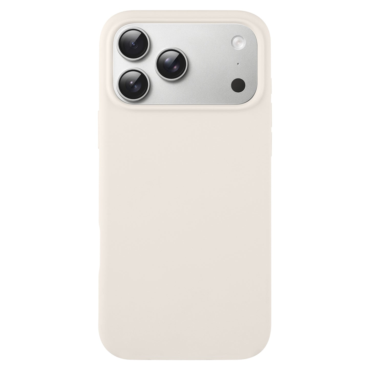 Das arktis iPhone 17 Pro Silikon Case in Beige wird auf einem Smartphone mit drei rückseitigen Kameras und einem silbernen Kameramodul gezeigt.