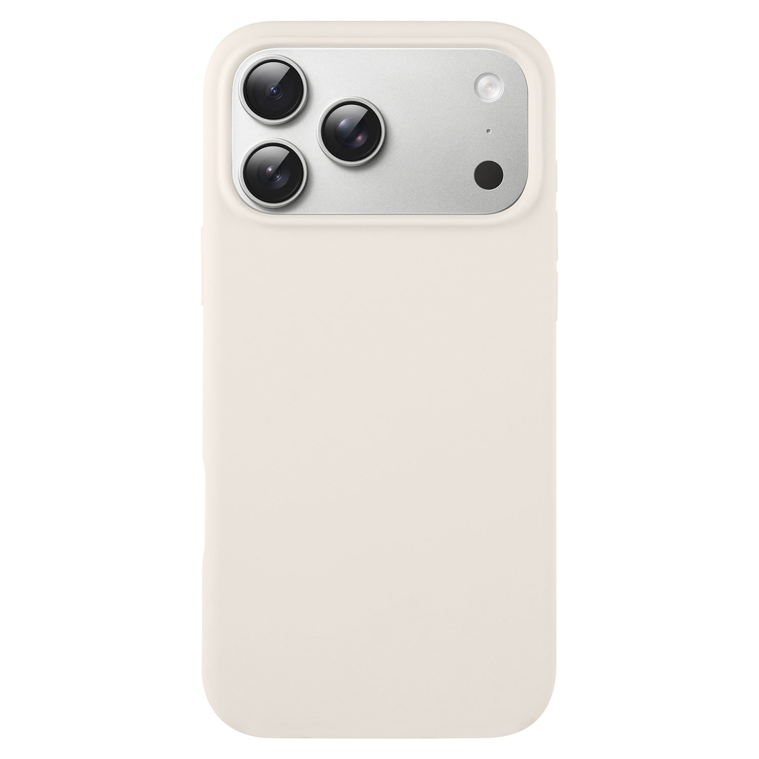 Das arktis iPhone 17 Pro Silikon Case in Beige wird auf einem Smartphone mit drei rückseitigen Kameras und einem silbernen Kameramodul gezeigt.