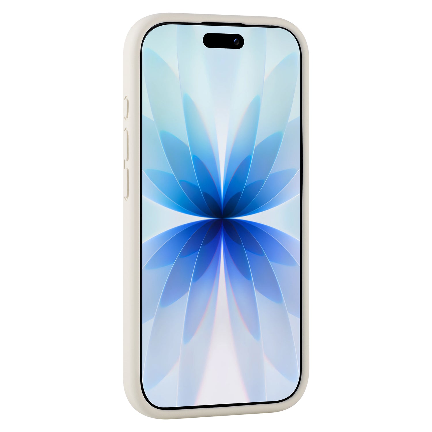 Ein Smartphone mit dem arktis iPhone 17 Silikon Case in Weiß verfügt über ein stilvolles blaues abstraktes Blumendesign auf dem Bildschirm und bietet sowohl Schutz als auch Unterstützung für kabelloses Laden.