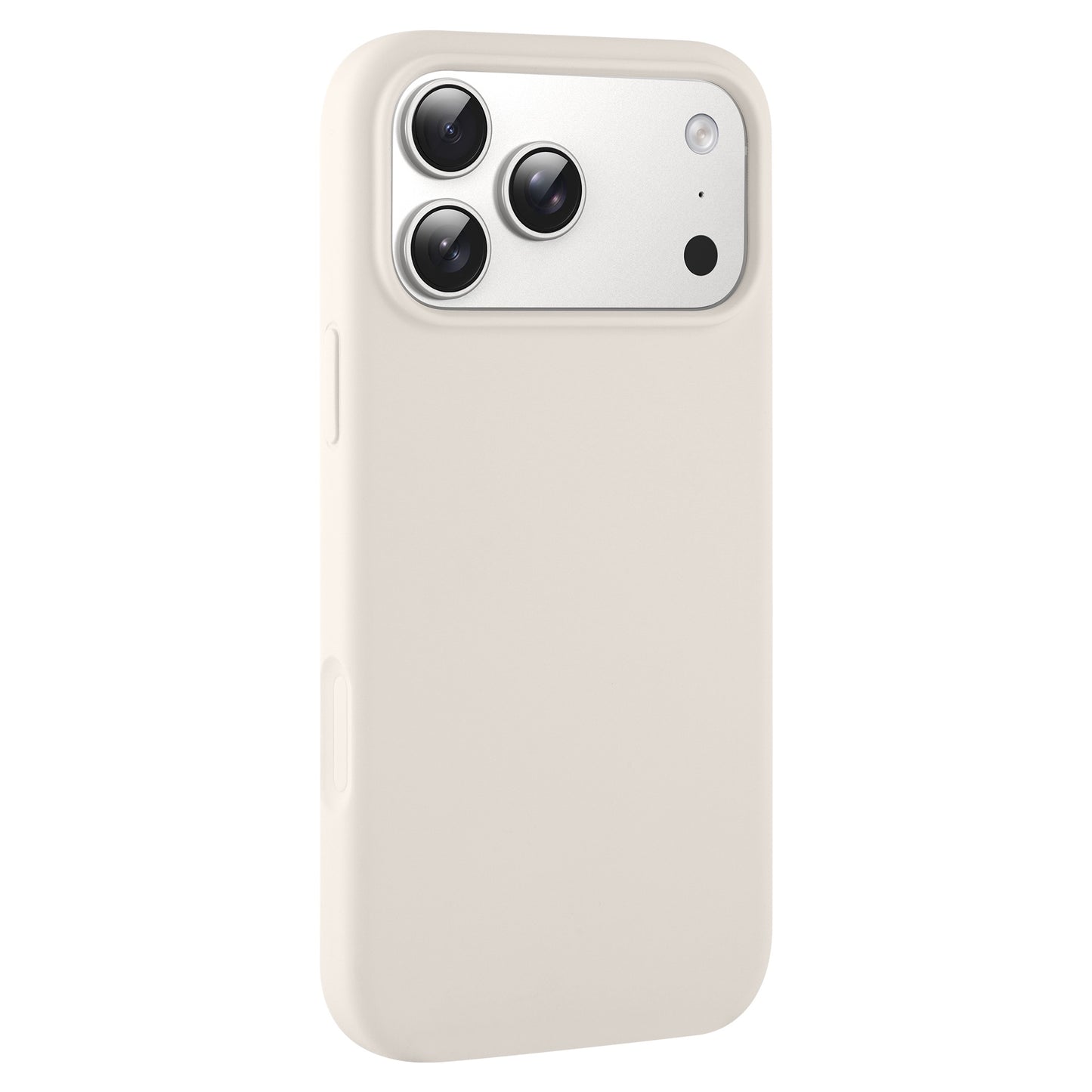 Das arktis iPhone 17 Pro Silikon Case in Beige mit drei Kameraaussparungen und erhöhtem Rand schützt dein Gerät und unterstützt kabelloses Laden.