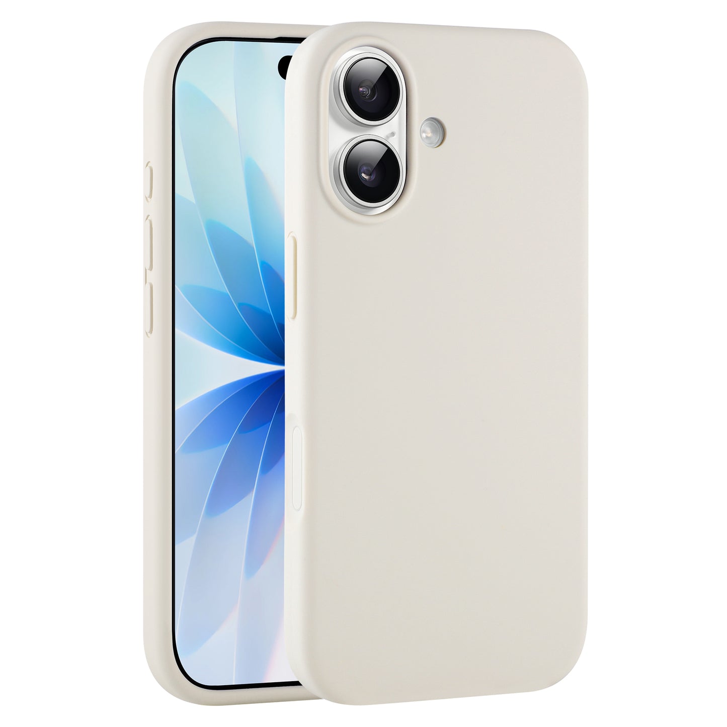 Das arktis iPhone 17 Silikon Case, abgebildet auf einem Telefon mit blauem Blumendisplay und zwei rückwärtigen Kameras, unterstützt kabelloses Laden und kombiniert stilvollen Schutz mit der bewährten Qualität der Marke arktis.