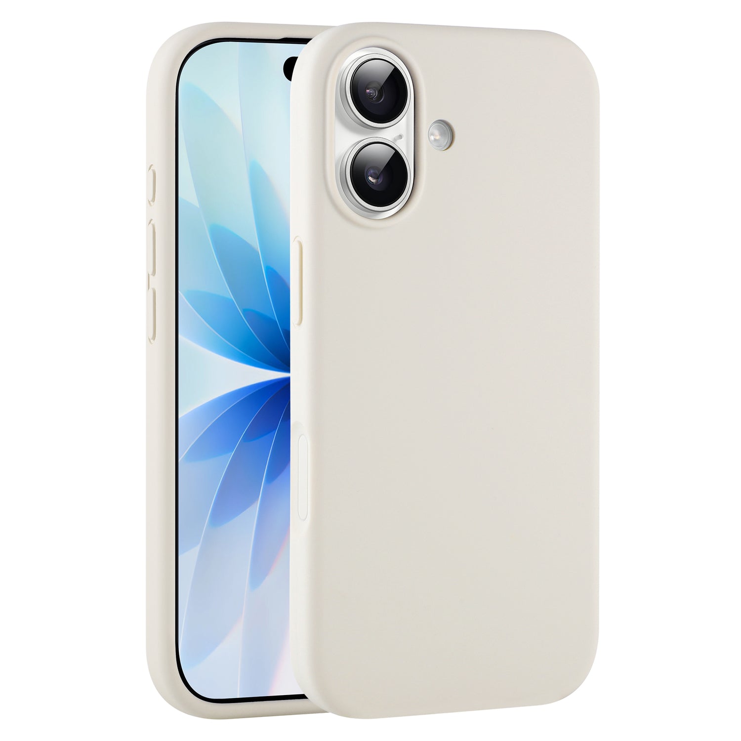 Das arktis iPhone 17 Silikon Case, abgebildet auf einem Telefon mit blauem Blumendisplay und zwei rückwärtigen Kameras, unterstützt kabelloses Laden und kombiniert stilvollen Schutz mit der bewährten Qualität der Marke arktis.