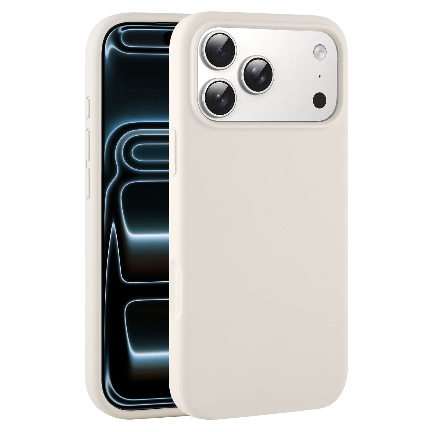 Das arktis iPhone 17 Pro Silikon Case in creme passt für Handys mit einer dreifachen Rückkamera und dunklem, reflektierendem Bildschirm - von arktis für das iPhone 17 Pro entwickelt und unterstützt kabelloses Laden in vollem Umfang.