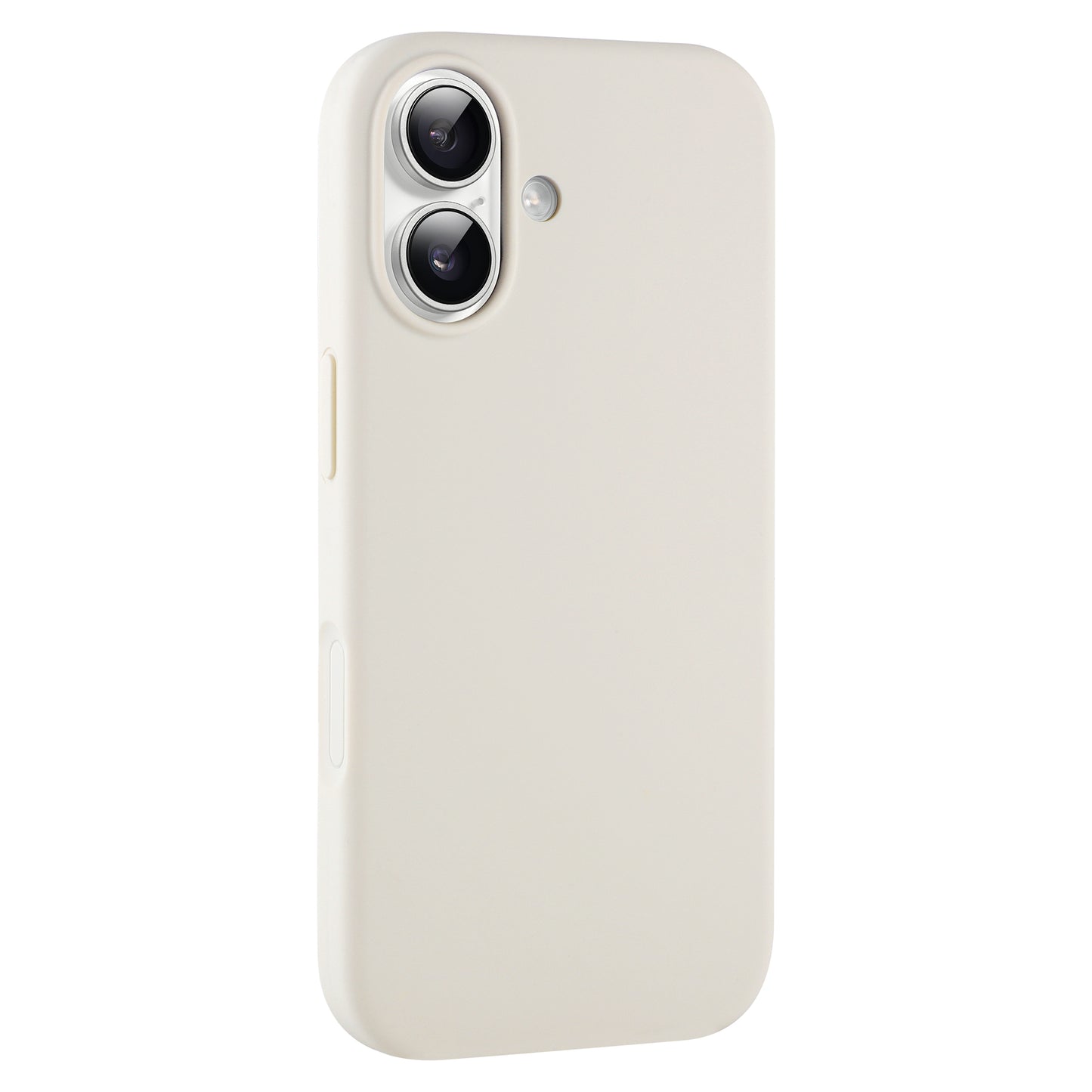 Die arktis iPhone 17 Silikon Case in Beige mit dualen Kameraausschnitten und Blitz ist kabellose-Laden-kompatibel und wird elegant von hinten präsentiert.