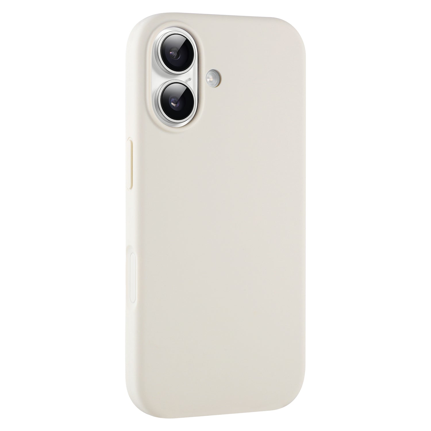 Die arktis iPhone 17 Silikon Case in Beige mit dualen Kameraausschnitten und Blitz ist kabellose-Laden-kompatibel und wird elegant von hinten präsentiert.