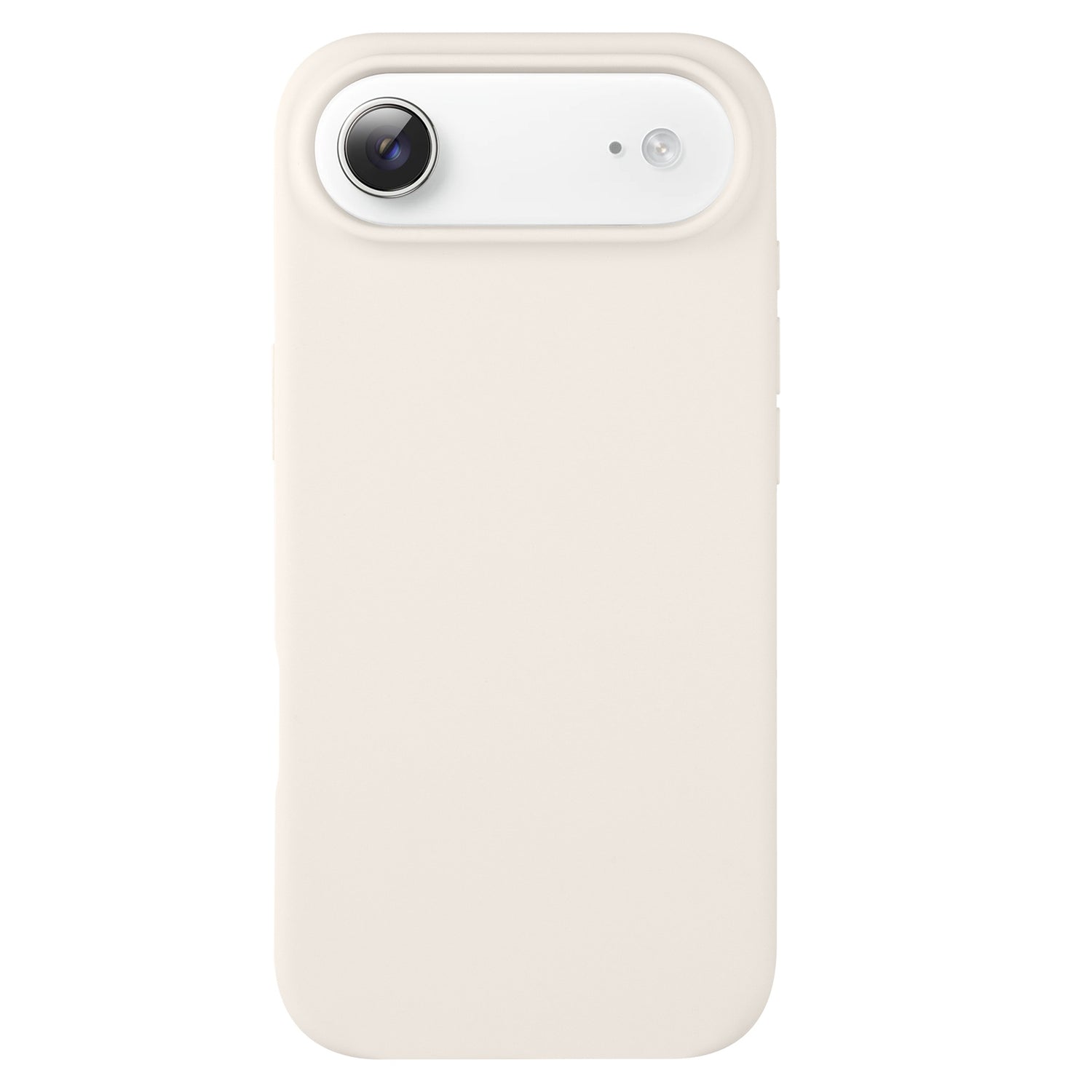 Abgebildet ist ein weißes iPhone mit einer beigen arktis iPhone Air Silikonhülle von arktis, die die rückwärtige Kamera und den Blitz enthält und drahtloses Laden unterstützt.