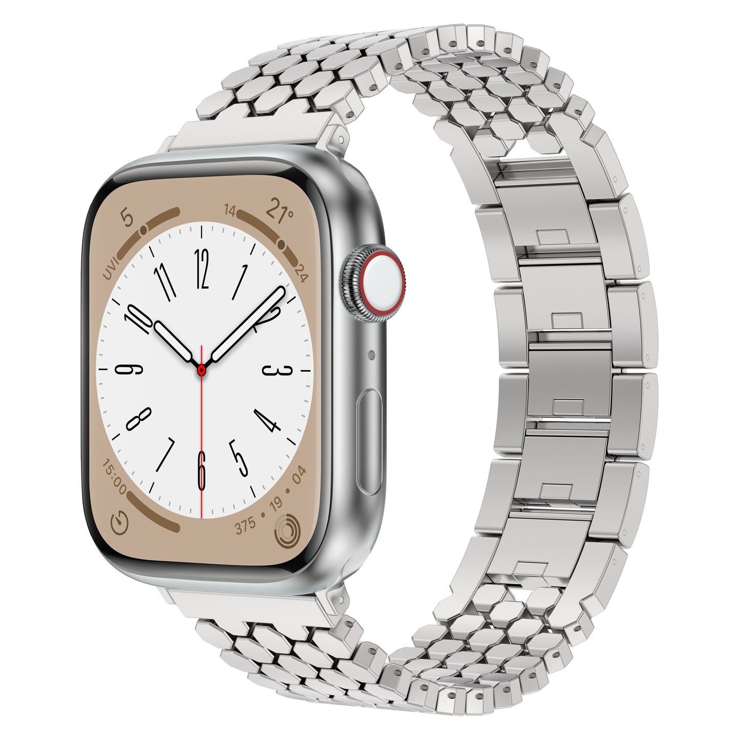 Schlichte silberne Metall-Smartwatch mit rechteckigem Zifferblatt und analoger Uhr, mit dem arktisband Apple Watch Edelstahl Armband "Polaris" von arktisband mit verstellbarem Gliederarmband.