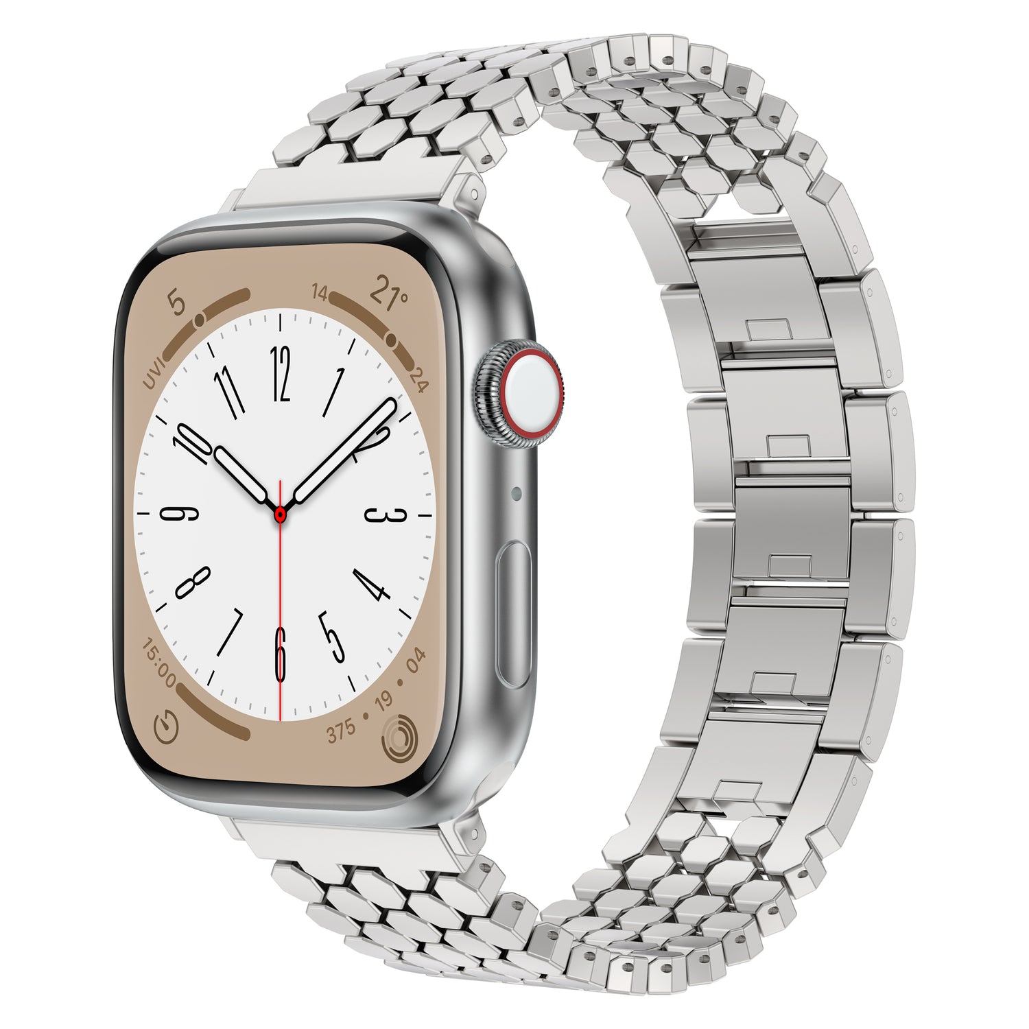 Schlichte silberne Metall-Smartwatch mit rechteckigem Zifferblatt und analoger Uhr, mit dem arktisband Apple Watch Edelstahl Armband "Polaris" von arktisband mit verstellbarem Gliederarmband.