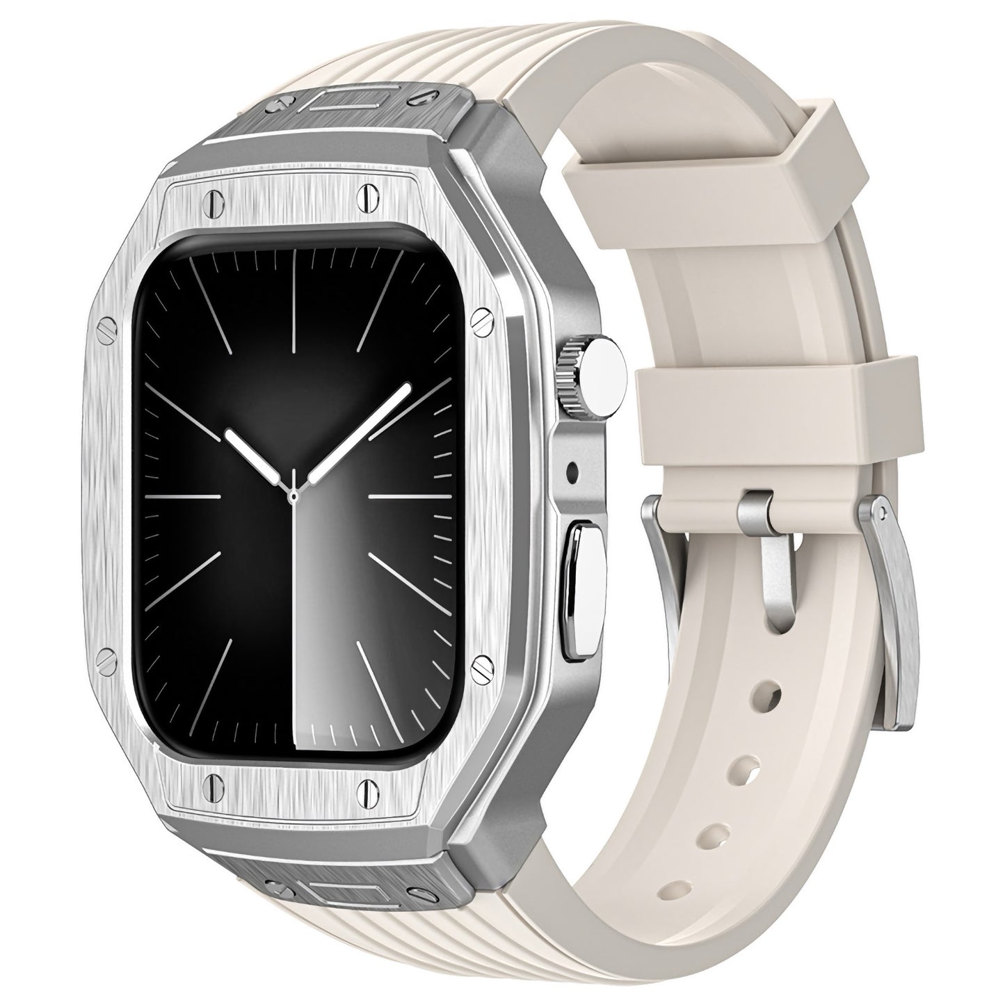 Das arktisband Apple Watch Armband "Metal Fusion" von arktisband ist eine silberne Smartwatch mit quadratischem Zifferblatt und cremefarbenem Band, die eine schlichte analoge Uhranzeige besitzt.