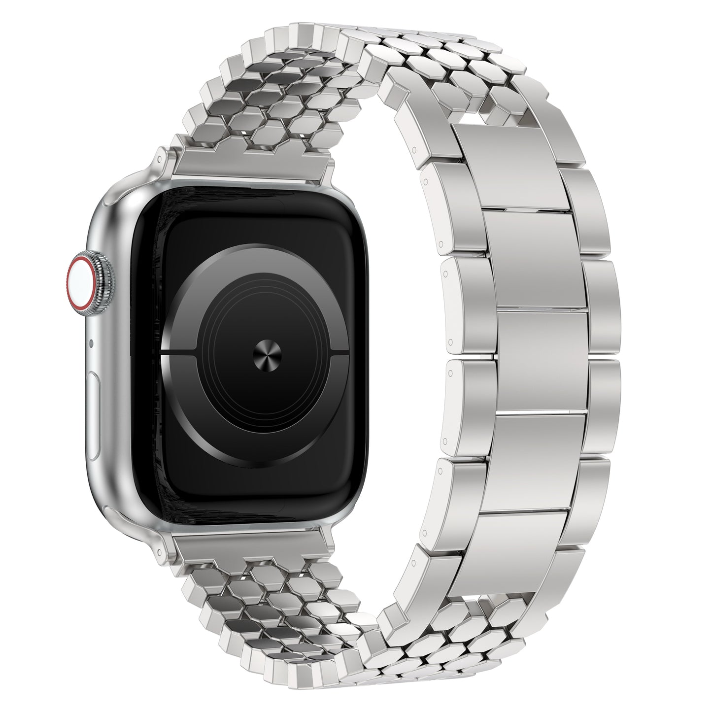 Arktisband Apple Watch Edelstahl Armband "Polaris": Verstellbares silbernes Metallgliederarmband von arktisband, präsentiert an einer Smartwatch mit schwarzem Display auf weißem Hintergrund.