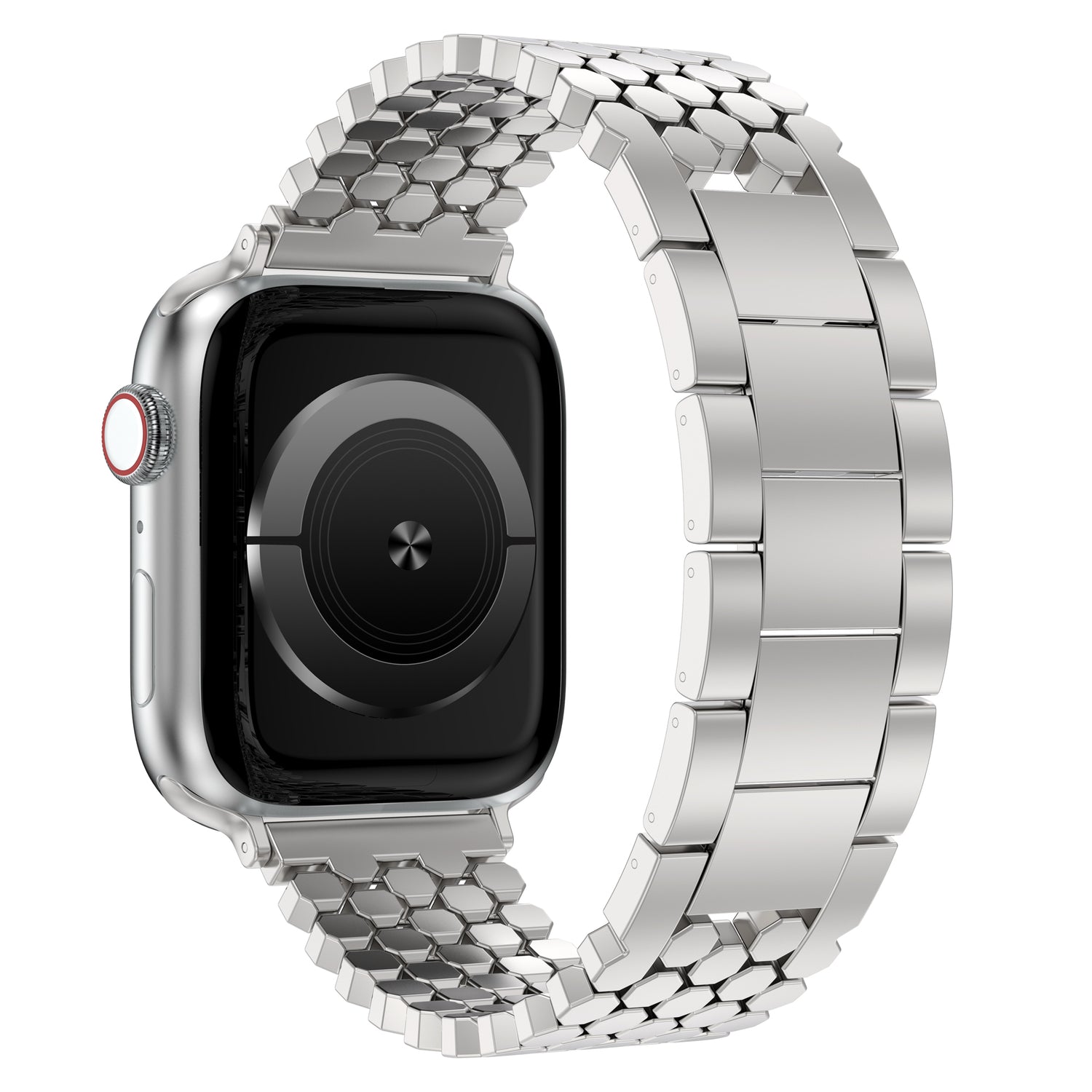Arktisband Apple Watch Edelstahl Armband "Polaris": Verstellbares silbernes Metallgliederarmband von arktisband, präsentiert an einer Smartwatch mit schwarzem Display auf weißem Hintergrund.