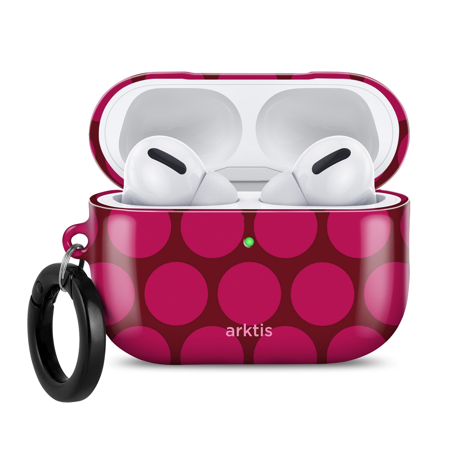 Weiße kabellose Ohrhörer in der „Arktis AirPods Pro 3“-Hülle – „Polka Dots“-Etui von arktis mit rosa und roten Punkten, einem schwarzen Schlüsselring auf der linken Seite, entwickelt für kabelloses Laden und stilvollen Schutz.