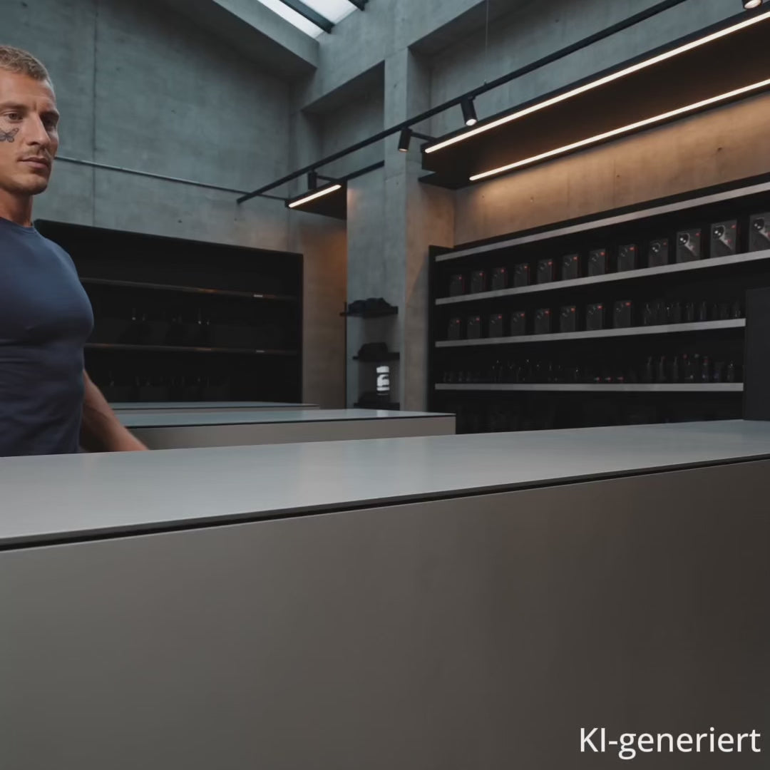 Ein Mann zeigt eine iPhone Hülle auf der sich der Aufdruck "Don't touch it. Sonst klatscht it" befindet. KI-generiert.