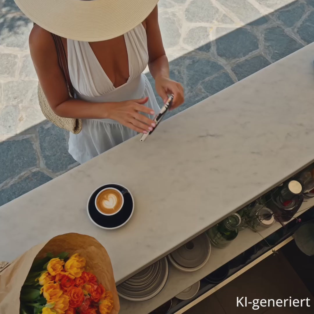Eine Frau zeigt eine iPhone Hülle im skandinavischen Blumenstyle. KI-generiert.