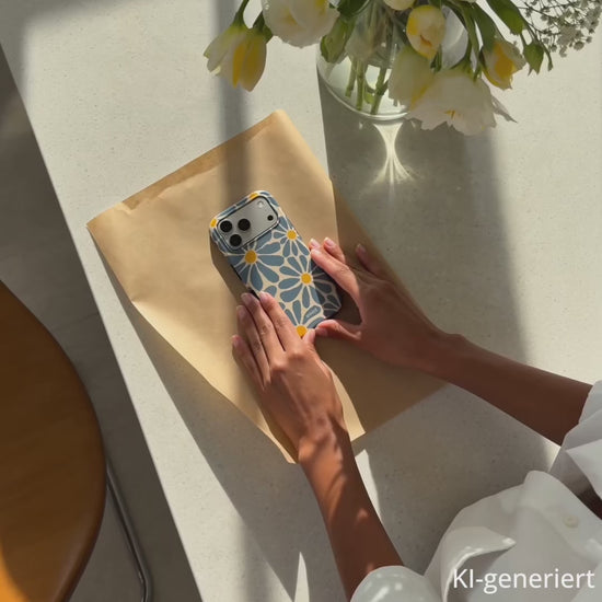 Eine Frau zeigt eine iPhone Hülle im Blumendesign. KI-generiert.