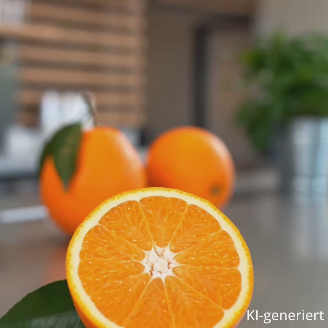 Die Hülle im Orangen-Design wird aus mehreren Perspektiven von einer Frau gezeigt. KI-generiert.