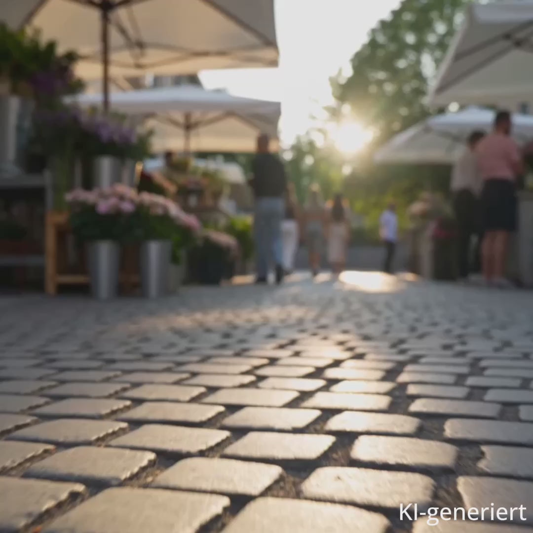 Die Hülle mit Blumendesign wird aus mehreren Perspektiven auf einem Blumenmarkt von einer Frau gezeigt. KI-generiert.