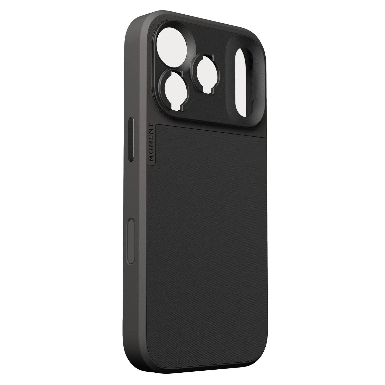 Die MOMENT iPhone 17 Pro Kameratasche MagSafe verfügt über drei große runde Aussparungen für erweiterte Kamerafunktionen, sichtbare Seitentasten und einen robusten Geräteschutz.
