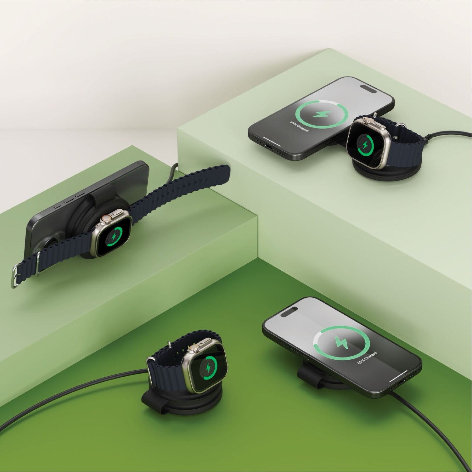 Smartwatches und Smartphones, einschließlich MagSafe-kompatibler Geräte, werden kabellos auf den eleganten Satechi OntheGo 2-in-1 Wireless Charger Docks aufgeladen, die auf grünen Plattformen angezeigt werden.