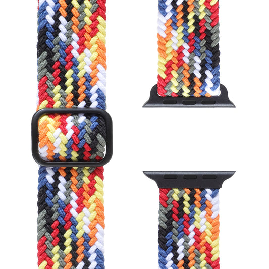Das geflochtene Flex Loop Multicolor Armband für die Apple Watch ist ein geflochtenes Nylonarmband mit schwarzer Schnalle und einem bunten Webmuster in Rot, Gelb, Blau, Orange, Weiß und Schwarz. Hergestellt aus Polyestergarn und aus verschiedenen Blickwinkeln abgebildet.