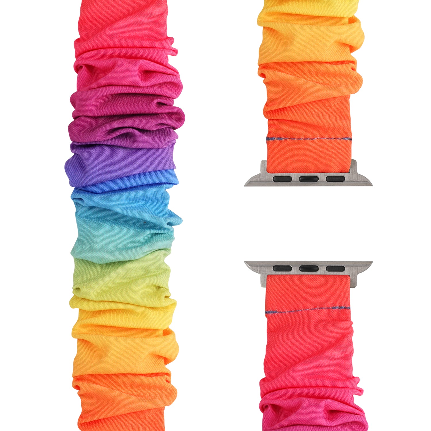 Das arktisband Apple Watch Armband "Elanora" ist ein farbenfrohes Accessoire im Scrunchie-Stil aus elastischem Nylon mit regenbogenfarbenem Farbverlauf - hier aus verschiedenen Blickwinkeln zu sehen und perfekt, um ein Statement zu setzen.