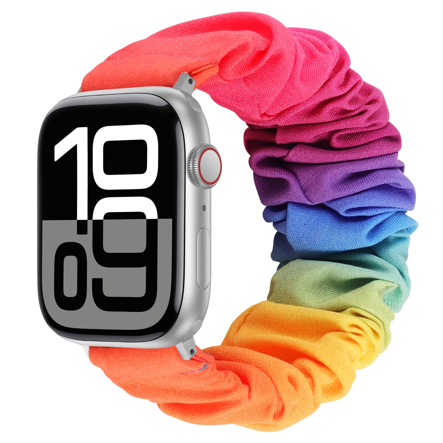 Das arktisband Apple Watch Armband "Elanora" verfügt über eine große Digitalanzeige und ein regenbogenfarbenes, elastisches Nylonband im Scrunchie-Stil - ein echtes Fashion-Statement von arktisband.