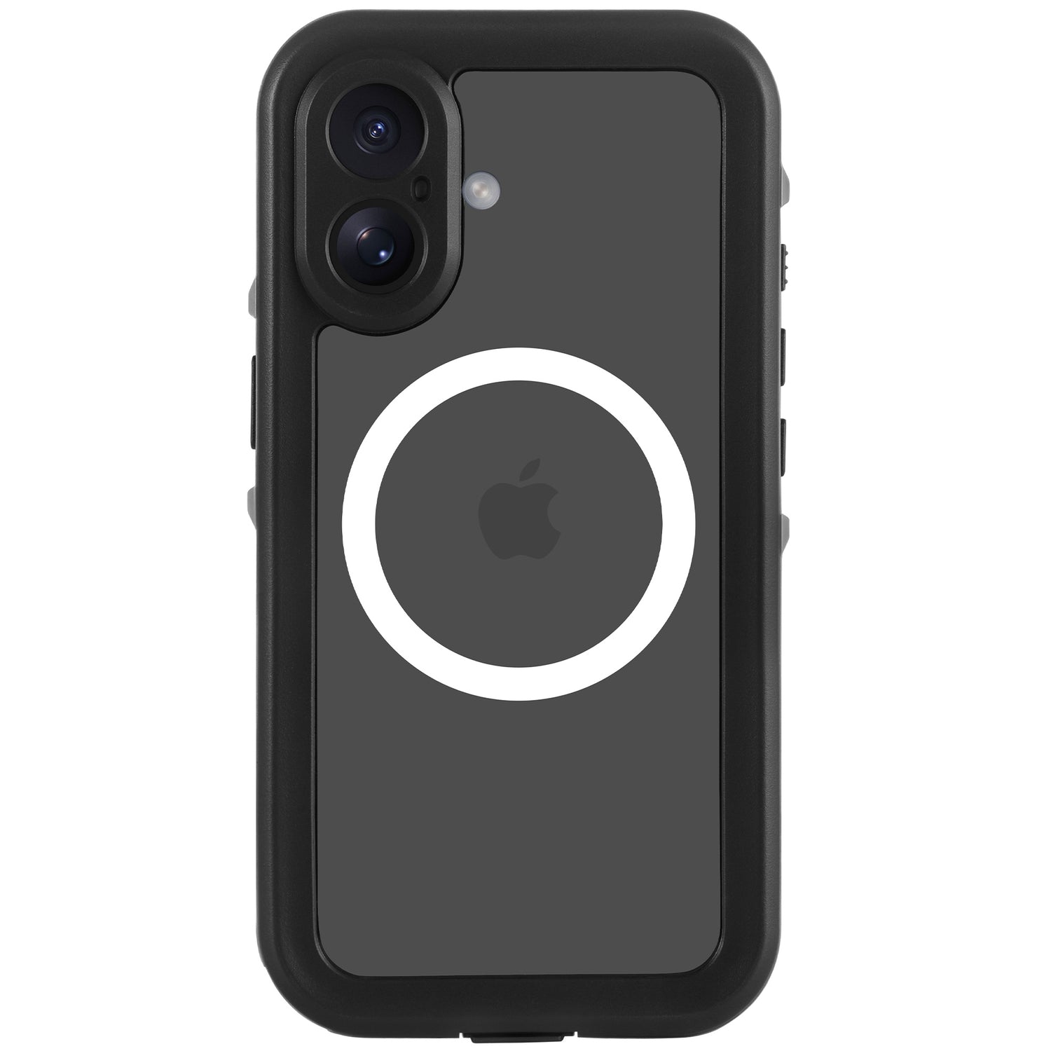 Das arktis iPhone 16 Wasserdichtes Actioncase von arktis ist ein schwarzes, robustes, wasserdichtes und stoßfestes Gehäuse mit Dual-Kamera-Unterstützung und einem weißen MagSafe-Ladekreis auf der Rückseite.