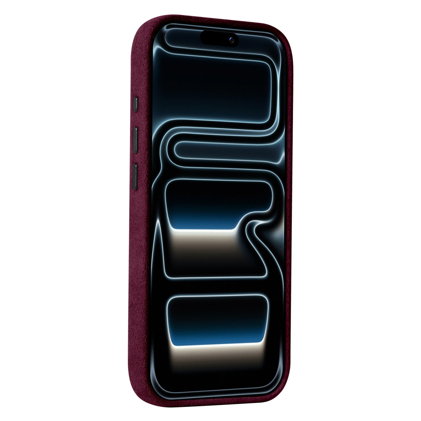 Die arktis iPhone 17 Pro Hülle aus Alcantara ist kastanienbraun lackiert, zeigt ein leuchtendes abstraktes Muster und wird in Italien gefertigt.