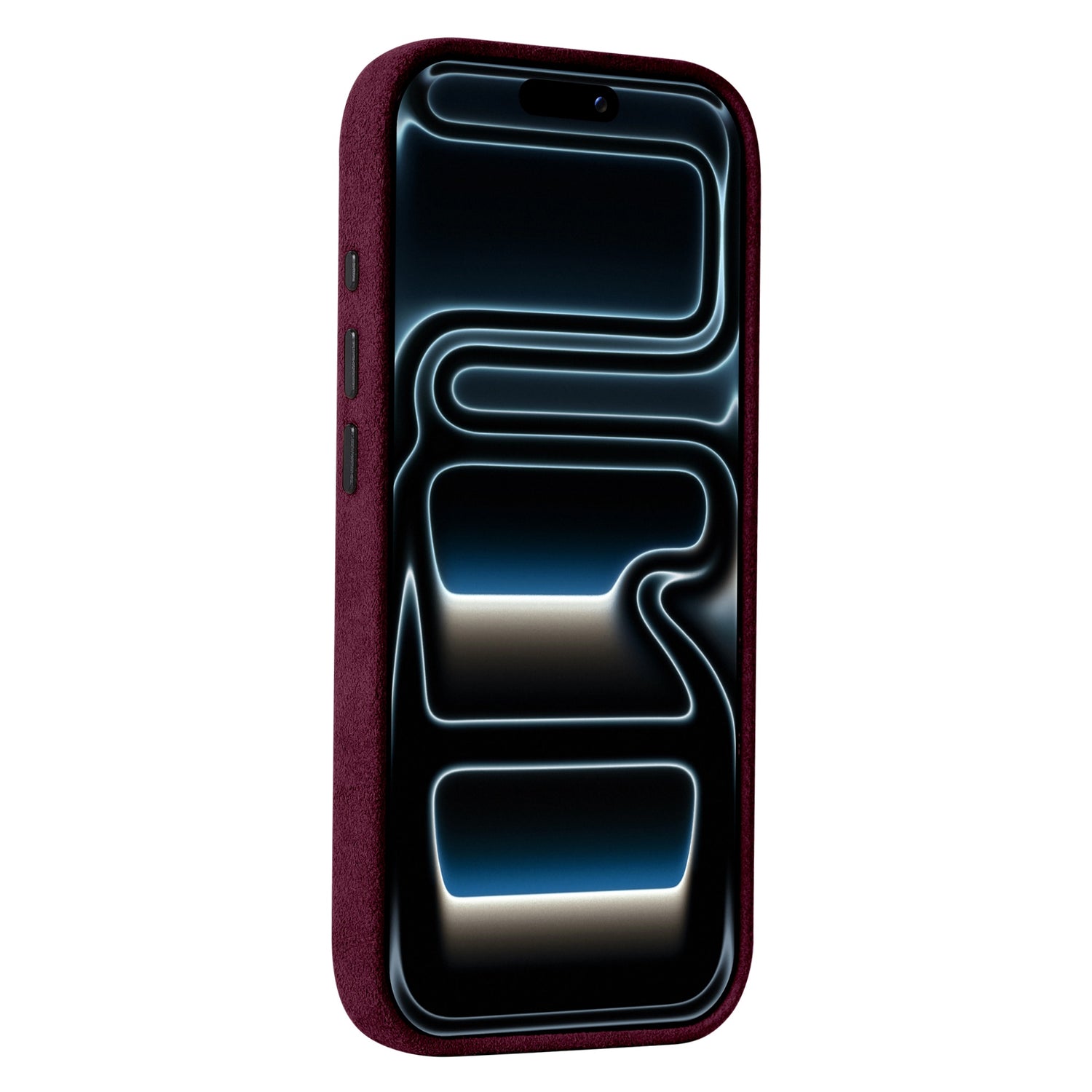 Die arktis iPhone 17 Pro Hülle aus Alcantara ist kastanienbraun lackiert, zeigt ein leuchtendes abstraktes Muster und wird in Italien gefertigt.