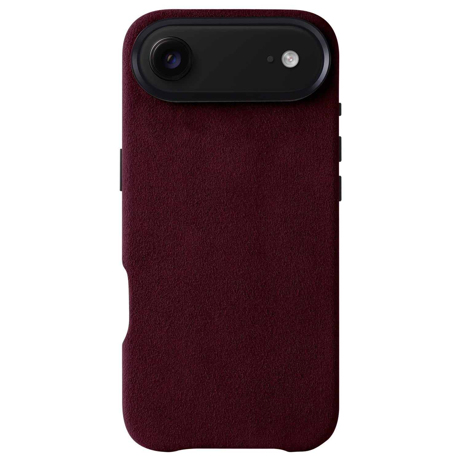 Die arktis iPhone Air Hülle aus Alcantara in kastanienbraun, dargestellt von der Rückseite mit Kameraausschnitt vor weißem Hintergrund. MagSafe kompatibel für einfaches Aufladen.