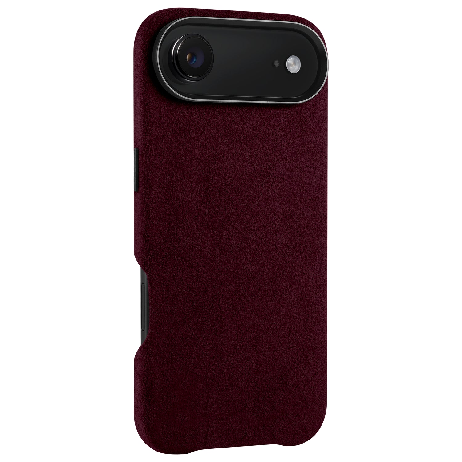 Die arktis iPhone Air Hülle aus Alcantara in kastanienbraun verfügt über MagSafe-Kompatibilität und ein schwarzes Kameramodul, abgebildet auf weißem Hintergrund.