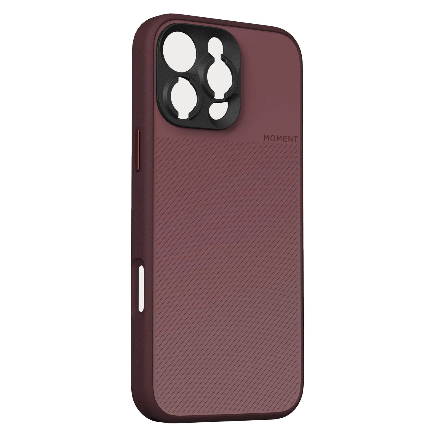 Die MOMENT Moment iPhone 16 Pro Kameratasche MagSafe in kastanienbraun verfügt über strukturierte Linien, große Kameraausschnitte und eine präzise Passform zum Schutz Ihres Telefons.