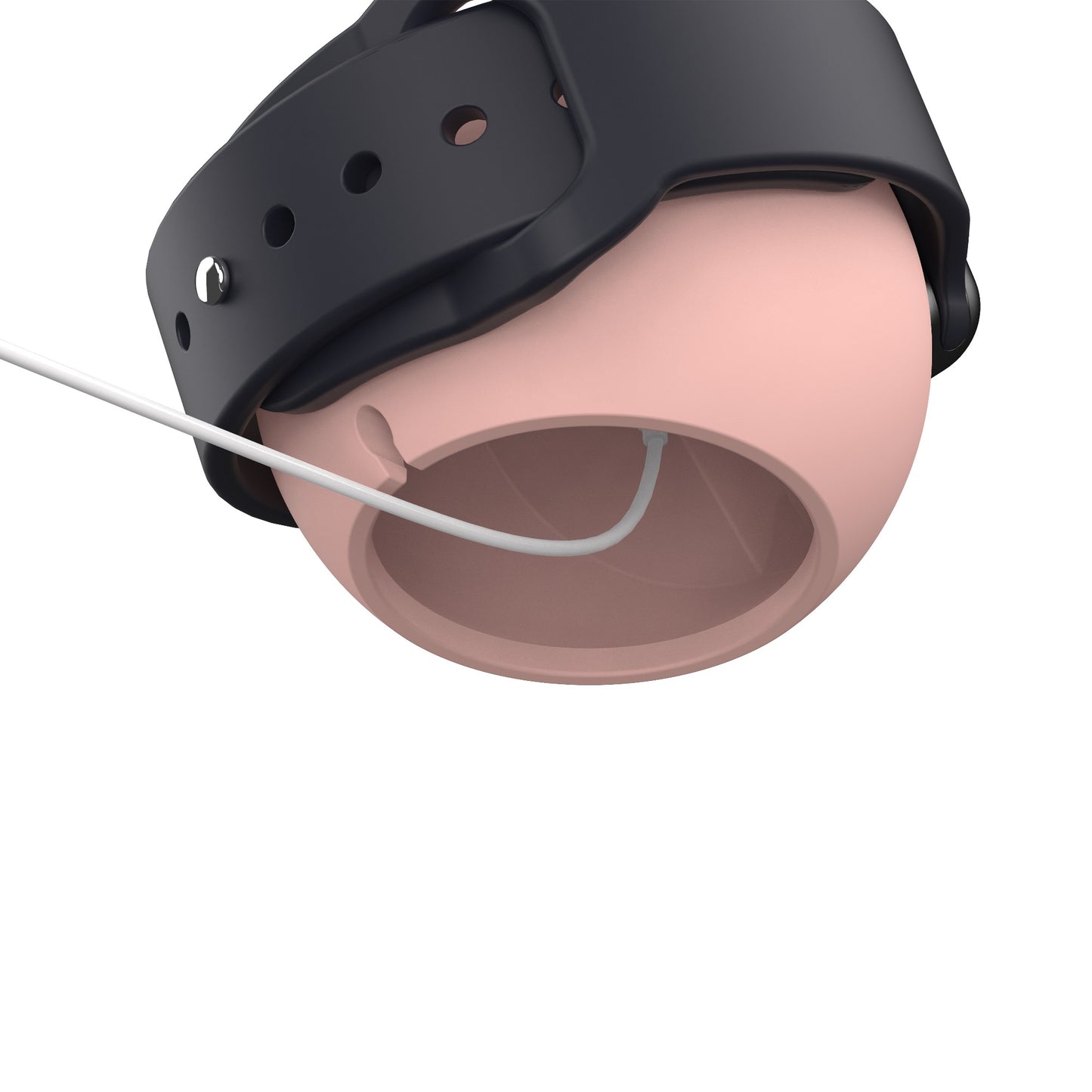 Eine Nahaufnahme eines rosafarbenen und schwarzen Wearables mit eingelegtem weißem Kabel, das zum bequemen Aufladen auf dem arktis Apple Watch Orbit Stand von arktis ruht.