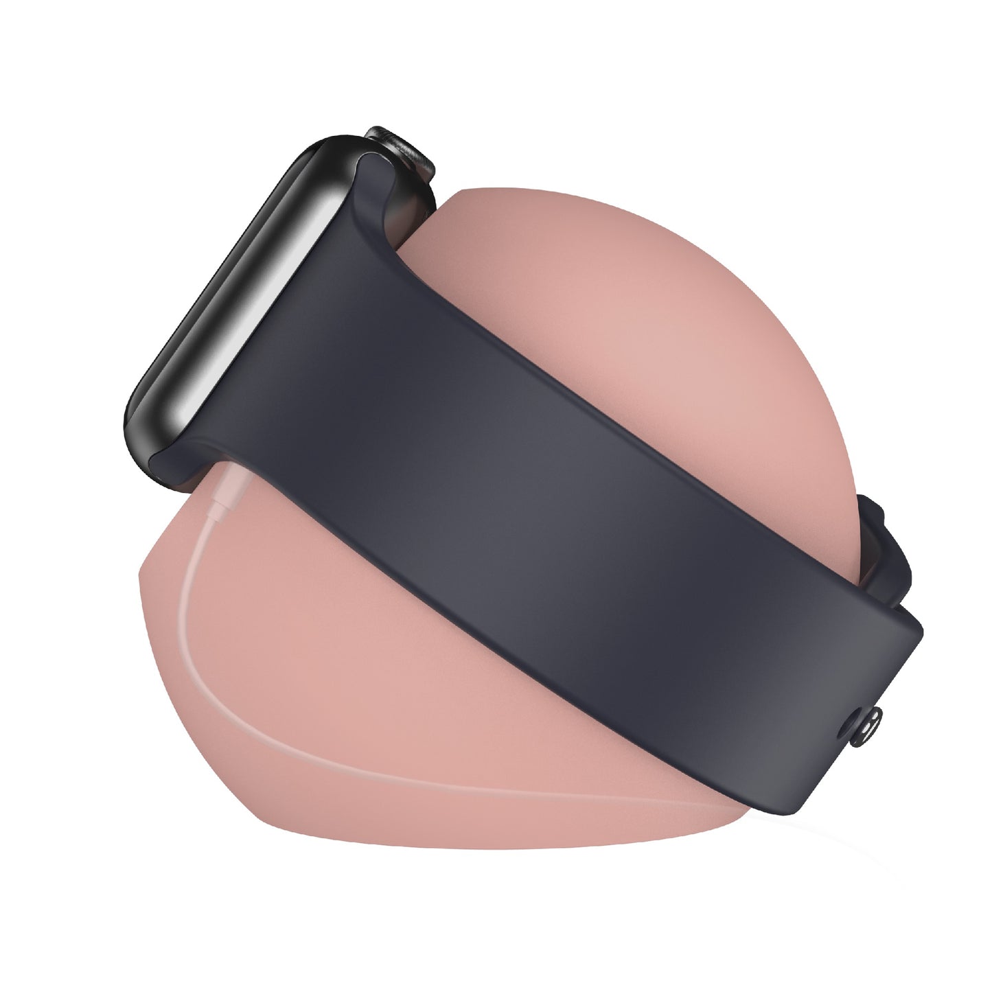 Eine schwarze Smartwatch mit dunklem Band wird auf dem arktis Apple Watch Orbit Stand präsentiert, einem glatten, hellrosa Silikon-Ladehalter von arktis, der eine stilvolle Möglichkeit bietet, Ihr Gerät zu organisieren und aufzuladen.