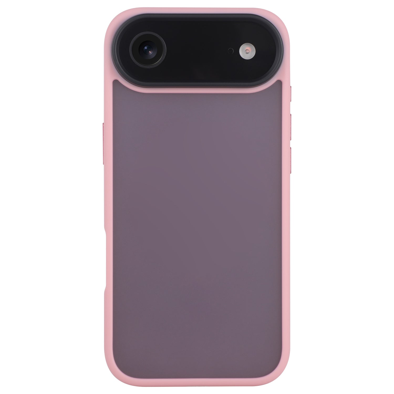 Ein Smartphone mit dem Arktis iPhone 17 Air Solid Case in Pink und Grau, mit einem matten Schutzdesign, freiem Blick auf Kamera und Blitz und stoßabsorbierendem TPU-Silikon von Arktis für zusätzlichen Schutz.